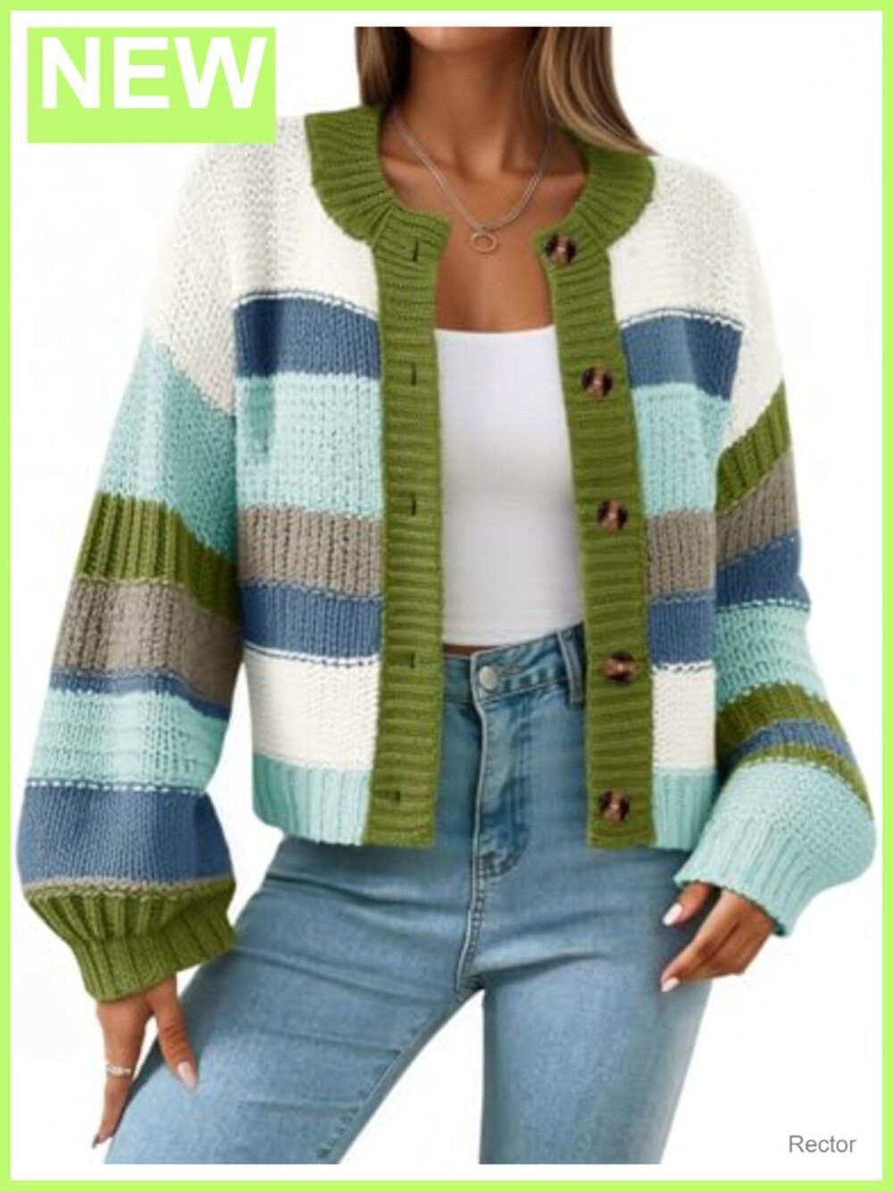 Striped Chunky Cardigan Sweater Oversized Button Down Knit Lantern Sleeve